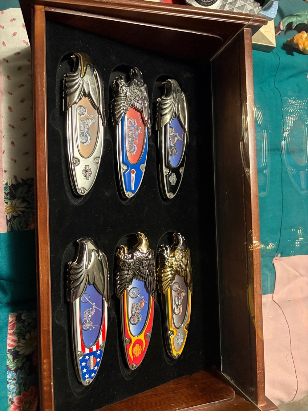 Franklin Mint Collectible Harley Knife Set with Red, Blue, Gold, Silver Accents